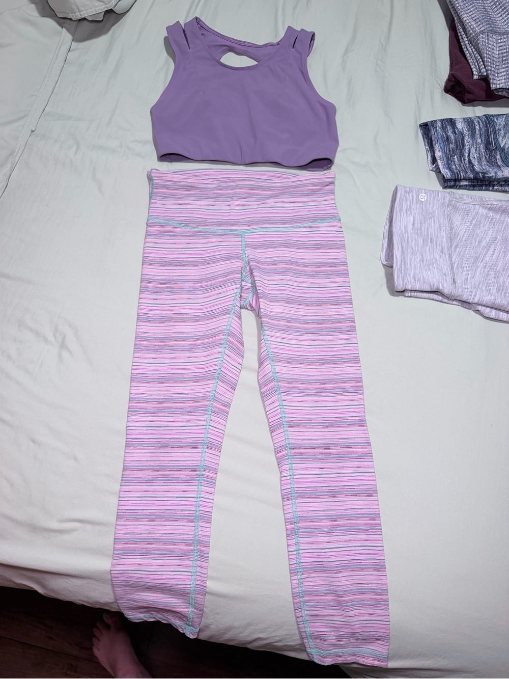Lululemon Pink Stripe Active Leggings and purple lavender top